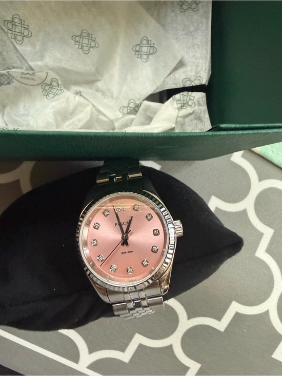 Pascal Watch Jewelry - Silver Watch with Pink Dial and Crystal Markers Pascal
